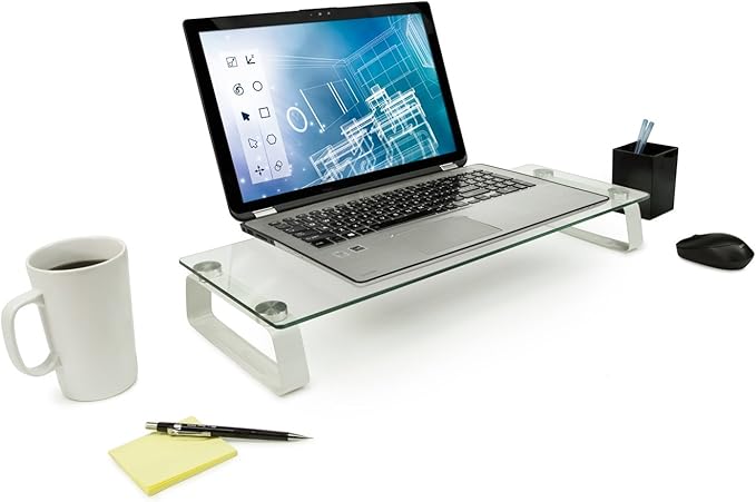 Mount-It! Glass Computer Monitor Riser and Laptop Stand | Clear Flat Screen Display Stand, Desktop Shelf and Organizer, Glass and Aluminum Construction, 22 Inches Wide, 44 lb Carrying Capacity