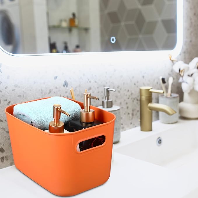 Hoolerry 8 Pieces Colorful Storage Bins with Lid, Plastic Storage Basket Organizing Container Stackable Box with Handle for Shelves Desktop Playroom Office(10.2 x 7 x 6.3 Inch,Orange)