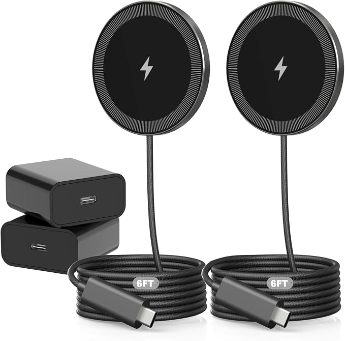 6FT Magnetic Wireless Charger Charging Pad - 15W Fast Phone Charger Puck for Apple iPhone 17 16 15 14 13 12 Series & AirPods 4 3 2 Pro, Phone Charging Pad with Plug for Desk & Travel, 2Pack Black