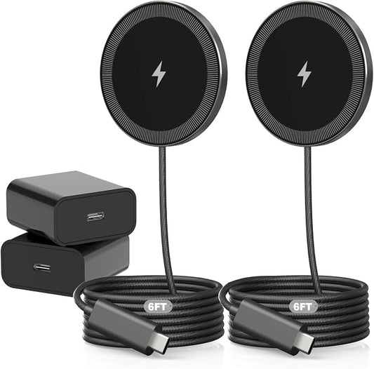 6FT Magnetic Wireless Charger Charging Pad - 15W Fast Phone Charger Puck for Apple iPhone 17 16 15 14 13 12 Series & AirPods 4 3 2 Pro, Phone Charging Pad with Plug for Desk & Travel, 2Pack Black