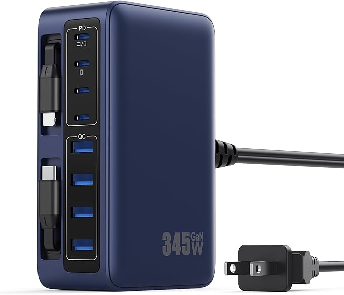345W USB C Charger 10 in 1 Retractable Wall Charger with 2 Cables,GaN 6 USB C Charging Station Phone Charging PD Laptop Charger Adapter for MacBook Pro/Air,DELL,iPhone17/16/15,Galaxy S24,Android etc