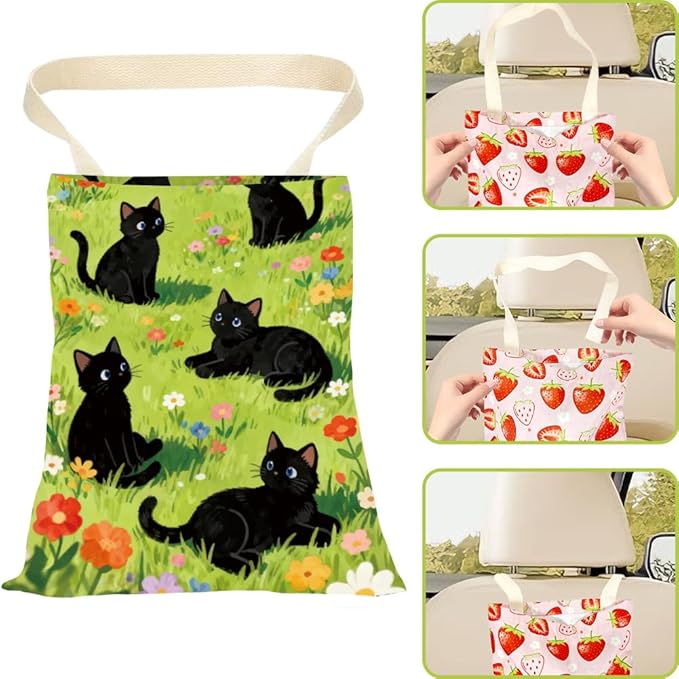 Car Trash Bag Cute Cat Car Garbage Can Green Grass Floral Cats Pattern Polyester Waterproof Cute Back Seat Organizer Storage Bin for Vehicle Interior Travel Accessories Reusable Leak Proof