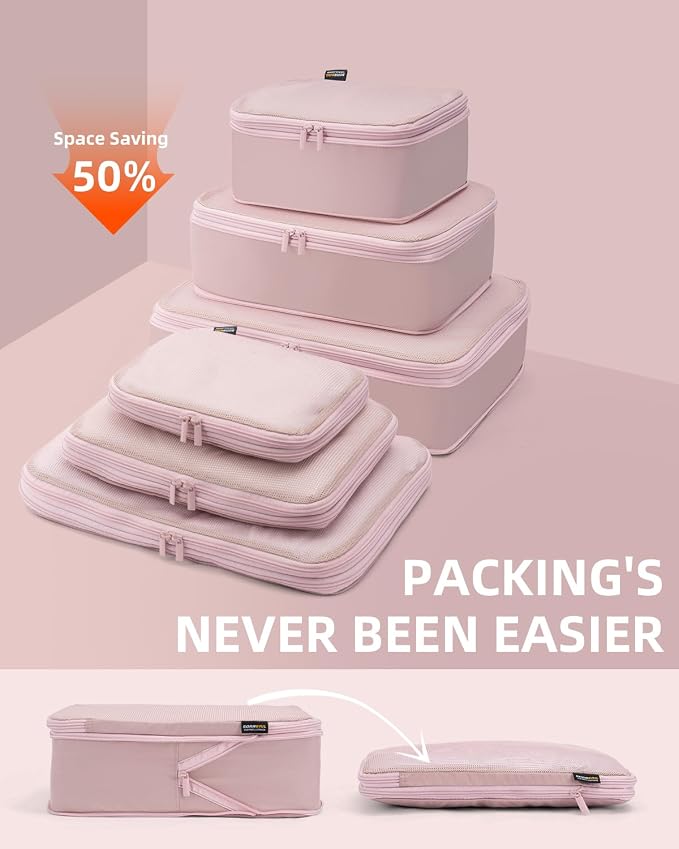 Compression Packing Cubes for Travel, 6-Piece Set (Large/Medium/Small), Double-Zip Luggage Organizers for Suitcase & Carry-On, Clothes Storage Bags (Dusty Pink, 6 Pack)