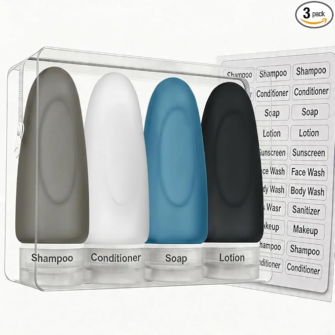 Dot&Dot Leak Proof Travel Bottles - Tubes for Liquid TSA Approved 3oz Silicone Toiletries Travel Shampoo & Conditioner Containers with Labels