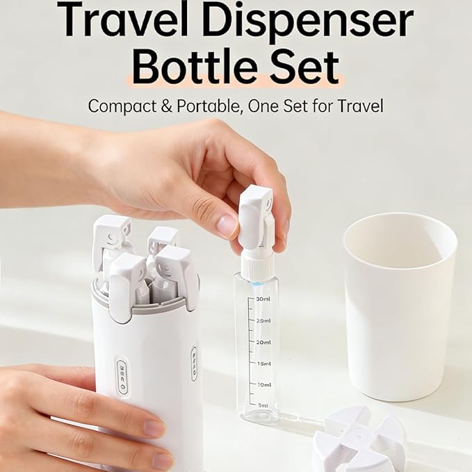 BOMPOW 4-in-1 Travel Bottles Set, Leak-Proof Refillable Containers Dispensers Labels Portable Toiletry Organizer Cup for Shampoo, Lotion, Soap