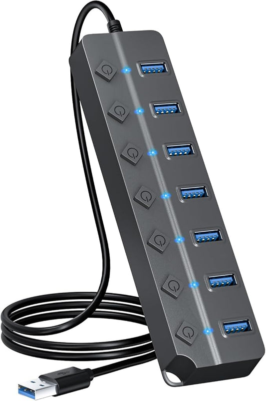 ONFINIO USB Hub 3.0, 7-Port USB Hub Splitter with Individual On/Off Switches and Lights, 3.2ft/1m Long Cable Compatible with MacBook, Laptop, Surface Pro, PS4, PC, Flash Drive, Mobile HDD-Gray