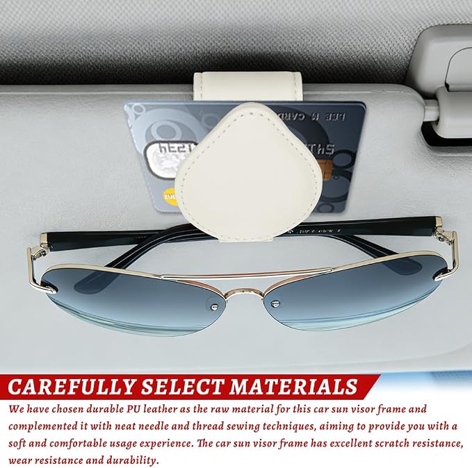 Sunglasses Holders for Car Visor, PU Leather Car Organizer, Magnetic Glasses Holder and Ticket Card Clip, Multi-Functional Auto Sun Visor Eyeglass Holder for Most Vehicles (White)