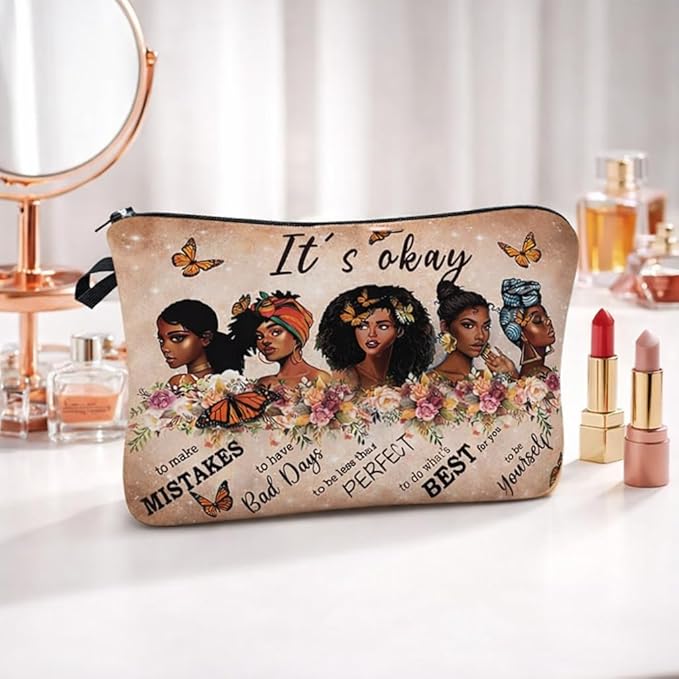 Black Girl Makeup Bag – Inspirational Cosmetic Bag for Black Women, Melanin Beauty Travel Pouch, Self Love Gift for Women, Natural Hair African American Cosmetic Bag