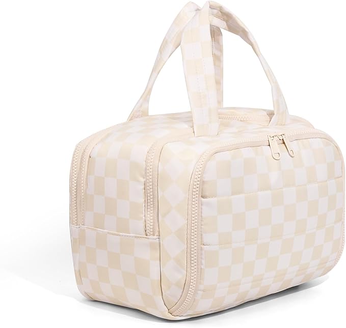 Travel Toiletry Bag, Spacious Beige Checkered Toiletry Bag for Women,Large Toiletry Bags for Traveling,Lightweight Travel Cosmetic Makeup Bag Organizer for Accessories,Toiletries (Beige Checkered)