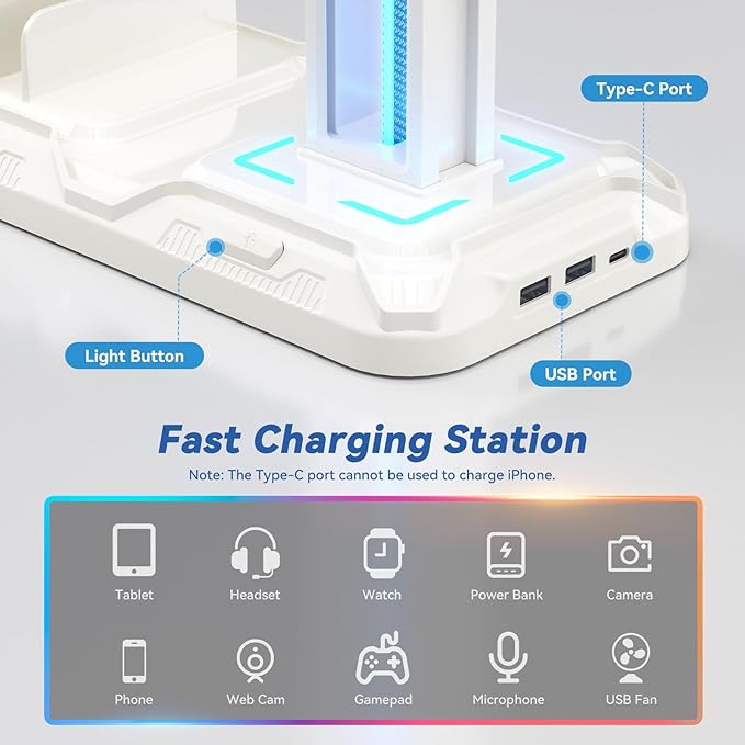KDD Headset Stand with Charging Station - Detachable Controller Holder with 9 Light Modes - Rotatable Headphone Hanger with USB A&C Charger Ports - Earphone Hook for PC Gaming Accessories Storage