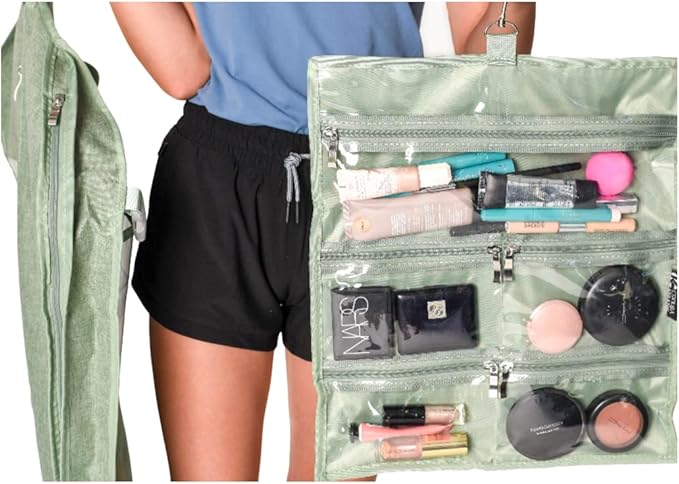 On-The-Go Organizer, 7 Clear Vinyl Pockets, Hanging Travel Case for Makeup and Accessories, 13.5 x 16 inches (Moss, Small)