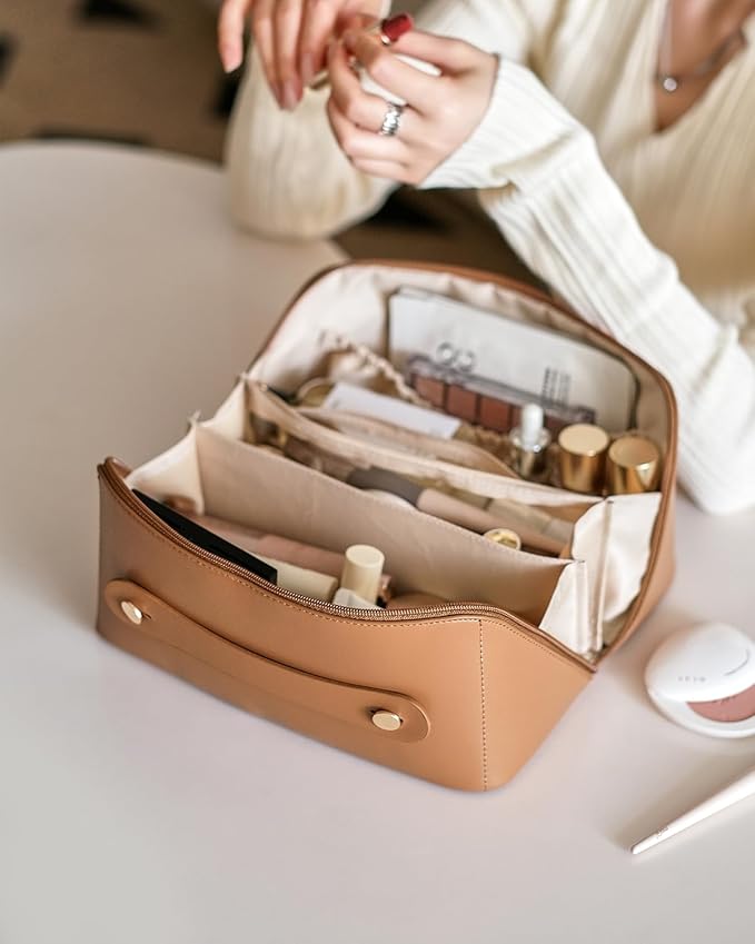 EACHY Travel Makeup Bag, Large Capacity Cosmetic Bag for Women, Waterproof PU Leather, Flat Open Portable Toiletry Bag for Skincare, Brushes & Travel Essentials