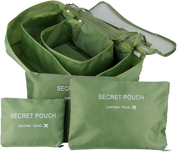 6 Set Packing Cubes with Laundry Pouch - Travel Luggage Organizer Bags for Luggage, Carry-On Suitcase Clothes Compression (Green)