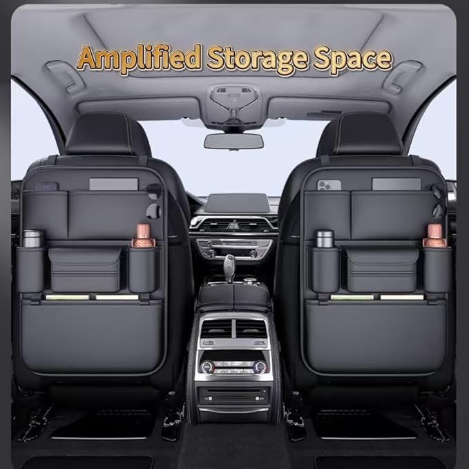 Premium Leather Car Seat Organizer for Cars, SUV & Truck - Back Seat Headrest Storage Organizer with 6 Pockets, Large Capacity Waterproof Car Organizer Pocket for Phone, Bottle, Tissue, Toys