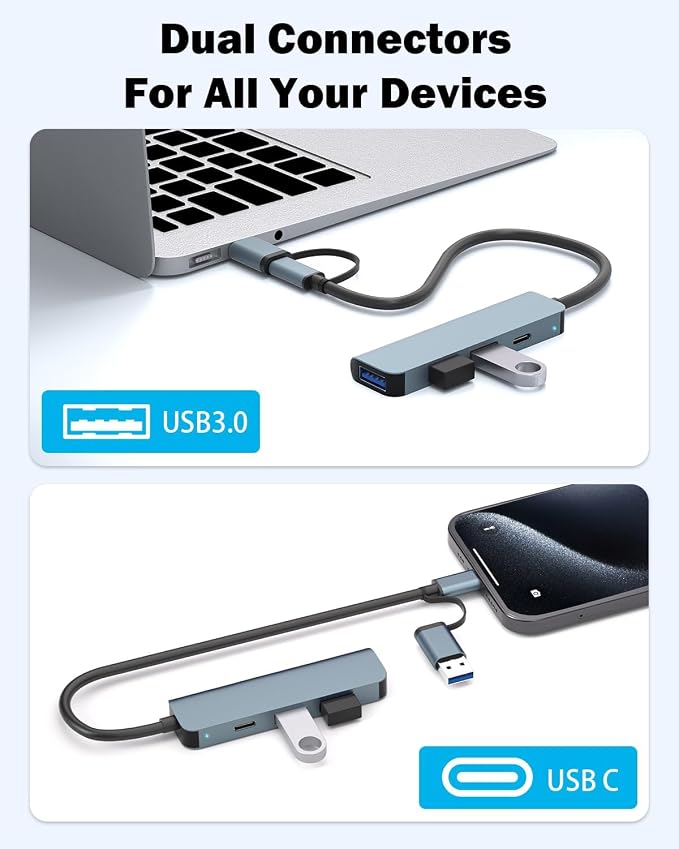 4-Port USB Hub with Type-C, USB 3.0 Data Hub Ultra-Slim Aluminum USB C Hub, 5Gbps Transfer Speed Multiple Ports Splitter for iPhone 17 16, Samsung, MacBook,PC,Laptop,iPad, Flash Drive,HDD
