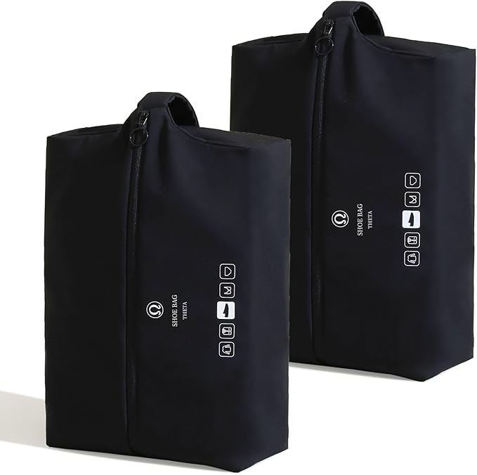 tianzong 2 Pack Double-Layer Fabric Wide-Opening Waterproof Travel Shoe Bag with Comfortable Handle (Black)