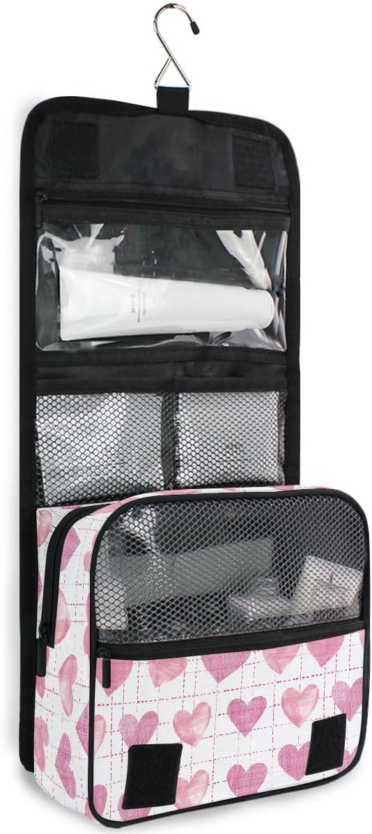 senya Hanging Travel Toiletry Bag Cute Kit Makeup Case Cosmetics Organizer for Men Women (Pink Hearts White Base)