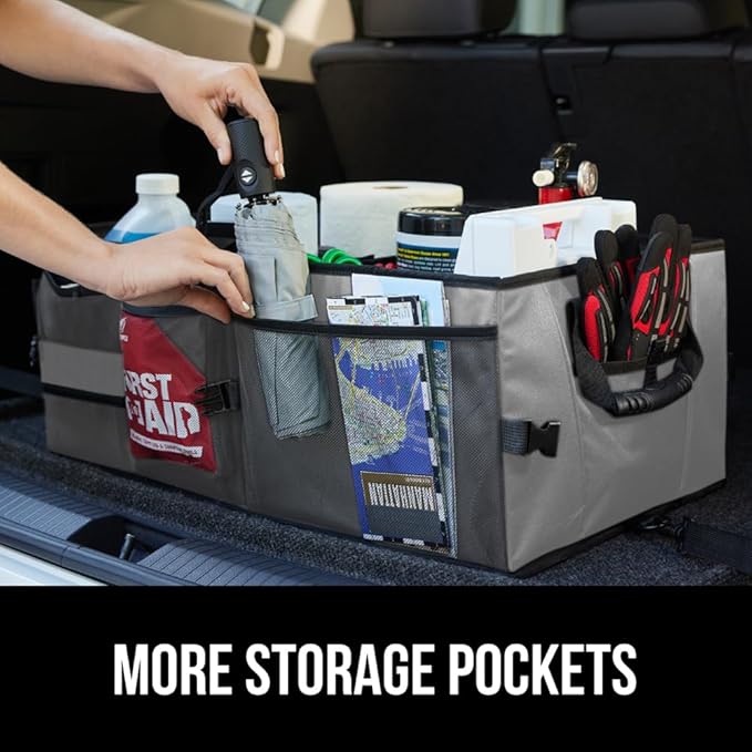 GORILLA GRIP Large Capacity Sturdy Trunk Storage Organizer, Slip and Water Resistant Collapsible Organization Container for Car Sedan or SUV, Multi Compartment Box Vehicle Accessories, Gray