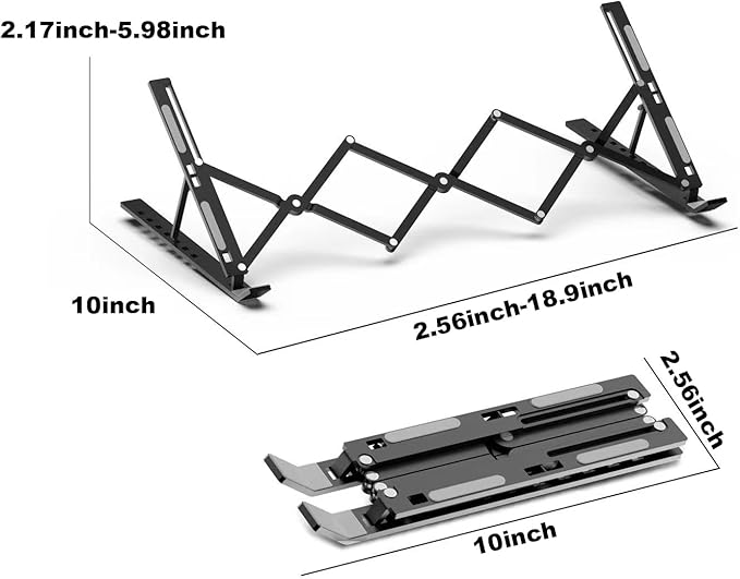 Ergonomic 7-Levels Angles Adjustable Laptop Stand, Portable Laptop Stand for Desk, Aluminum + Silicone Foldable Ventilated Cooling Laptop Riser for 10-17” Laptops, Tablets (Black
