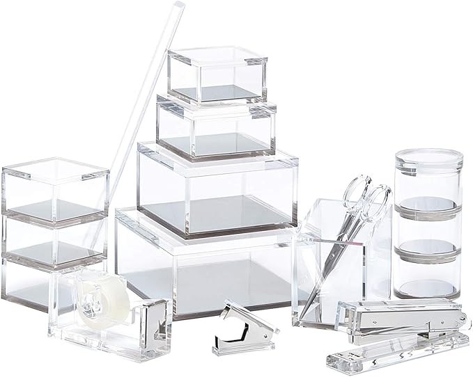 OfficeGoods Acrylic Desk Organizer w/Silver Base – Functional & Elegant Odds & Ends Box for Display or Storage – Perfect for Home or Office, Kitchen, Bathroom Vanity, Curio Display - Extra Large