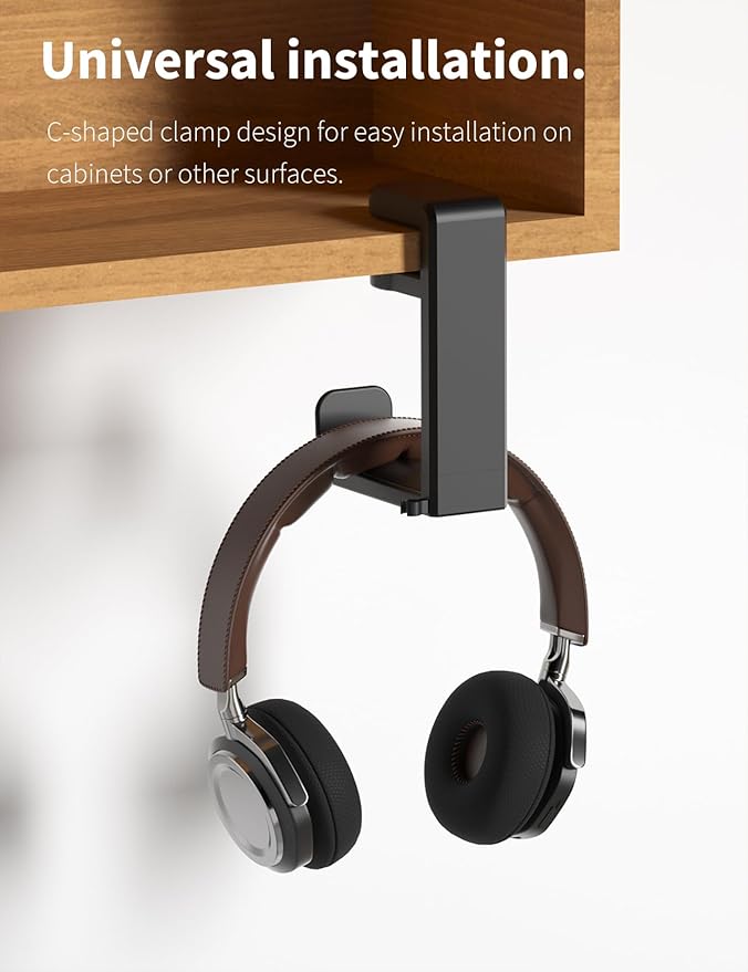 Headphone Hook - Under Desk Headphone Holder with 360-Degree Adjustable Rotation, Black