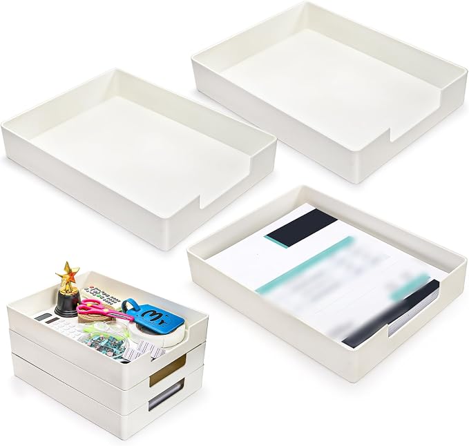 Eorbow 3 Pack Letter Tray, Plastic Stackable A4 Paper Trays, Rectangular Desk Drawer Organizer, File Holder for Desktop, Office Supplies Storage, White