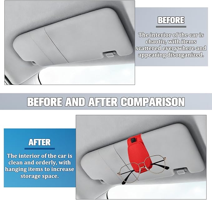 Sunglass Holder for Car Visor, Magnetic Leather Vehicle Sun Visor Storage Clip for Different Size Eyeglasses, Automotive Interior Glasses Ticket Card Clip, Universal for SUV RV Truck (Red)