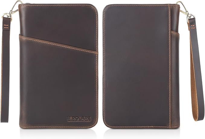 Polare Full Grain Leather Travel Passport Holder RFID Blocking Cover Case Travel Document Organizer Wallet Holders 2 Passports With YKK Zipper (Dark Brown with AirTag Slot)