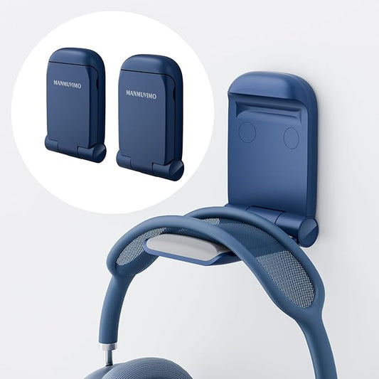 MAMUVIMO Headphone Stand, 2 Pack Headset Stand Foldable＆Sticky, Headphone Holder Hook Mount with Non-Slip Silicone, Adhesive Earphone Desk Hanger Clip Space-Saving for Airpods Max, All Earphones- Blue