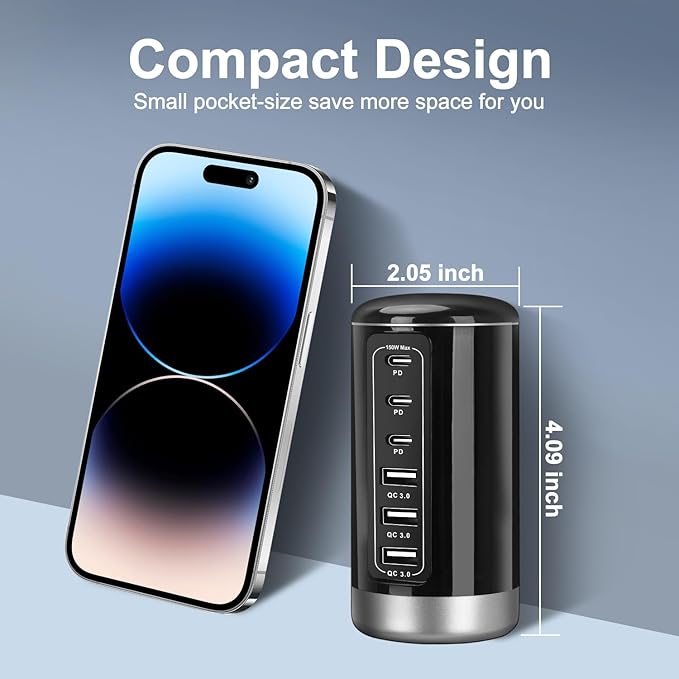 Universal USB Tower Fast Charging Station 6-Port 150W - Compact, Space-Saving Design with Multiple USB-C Ports for All Series iPhone Galaxy Note Pixel iPad Multiple Devices