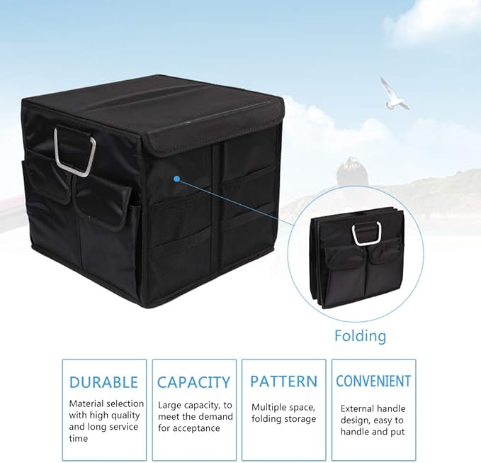 Car Trunk Organizer Collapsible Portable Multi Compartments Organizer with Non Slip Straps for SUV Truck Auto Vehicle Car Auto Minivan(Small covered, Black)