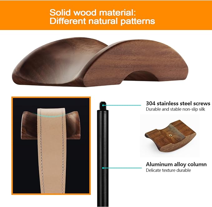 Headphone Stand Holder Headset Holder with Wood and Aluminum Desktop Headphone Stand Headset Stand for Desk with Solid Heavy Base Wood Headphones Stand for All Headphone Sizes (Black)