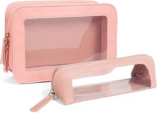 LETGO 2Pack Clear Makeup Bags Set, Small Clear Makeup Bag, PU Leather Travel Makeup Brush Case Portable Transparent Waterproof Cosmetic Organizer Pouch with Zipper for Women(2Pack-White Set)