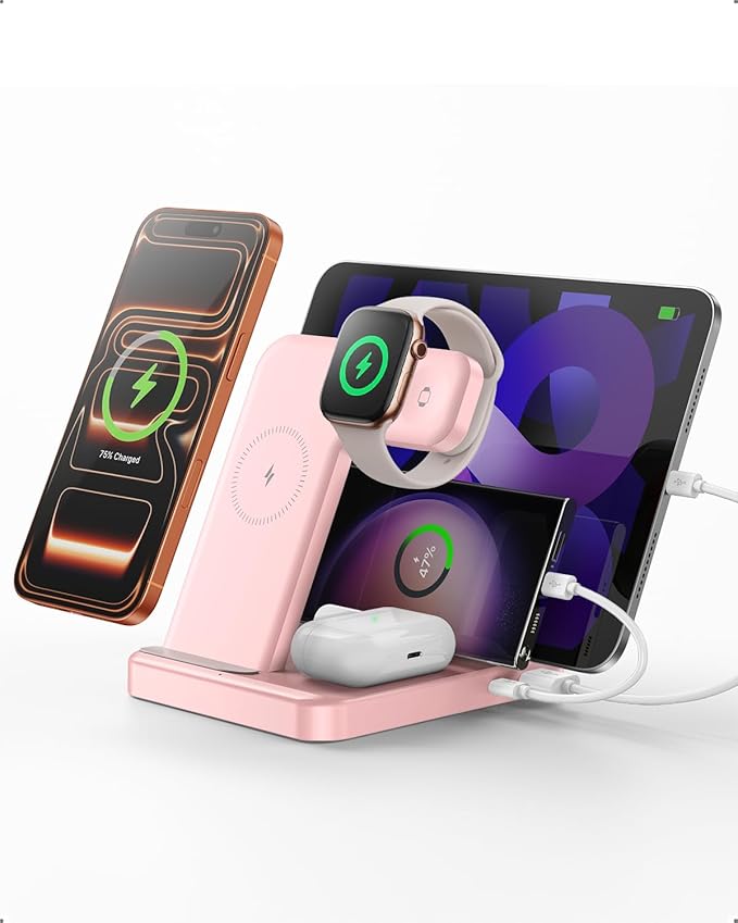 Multiple Devices Charging Station, 5-in-1 Charging Station for iPhone 17 Pro Max/Pro/16/15/14/13/12, iPad Pro/Air/Mini, Apple Watch and Airpods,Wireless Charging Dock(G805) (Pink)