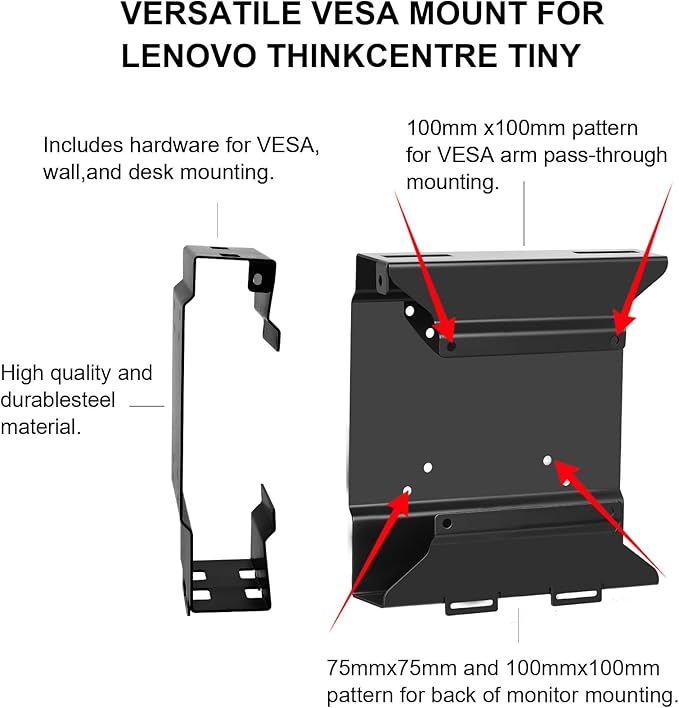 Mini PC VESA Mount Compatible with Lenovo Thinkcentre Tiny M90q Gen2, M80q Gen3, M90q Gen3, M90q Gen2, M70q Gen2, M60e, M75q Gen2, Under Desk and Wall Mount,75x75mm or 100x100mm Monitor Arm Wall Mount