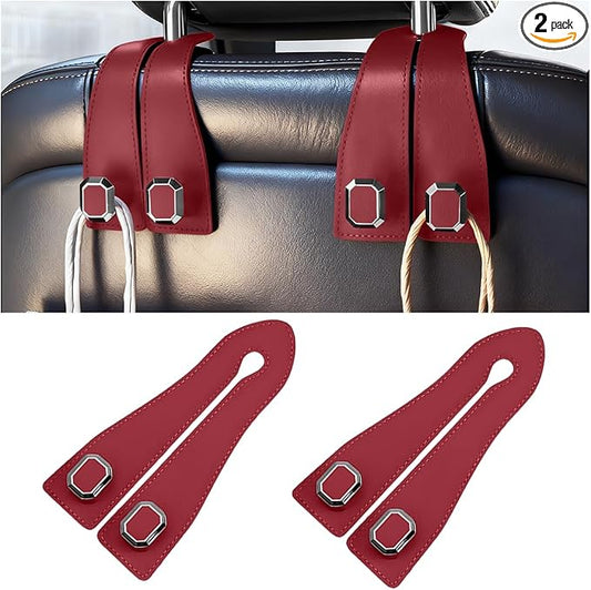 2PCS Car Headrest Hooks, Nappa Leather Metal Vehicle Double Seat Back Storage Hook for Purse Bag Coat, Multifunctional Automotive Interior Hanging Hanger, Universal Fit (Wine Red)