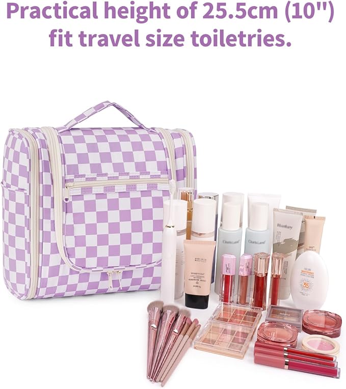 Narwey Checkered Hanging Travel Toiletry Bag for Women, Travel Bag for Toiletries, Makeup Bag Organizer Cosmetic Bags Make Up Bags for Women (Purple Checkerboard)