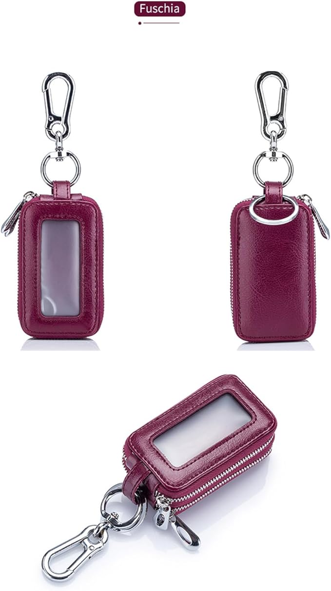 Car Key Chain Bag Double Zipper Leather Protection Key Coin Holder Keyring with Transparent Window
