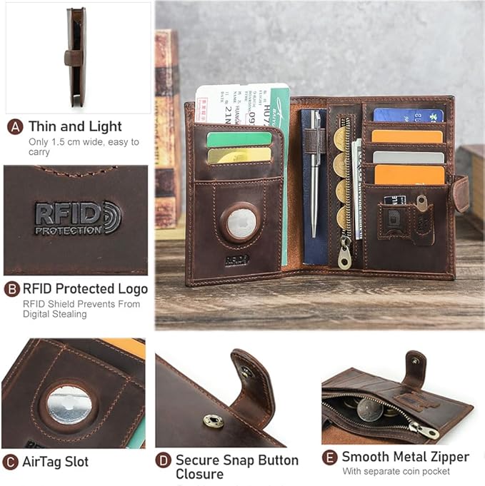 CONTACTS Full Grain Leather Passport Holder Compatible with Airtag RFID Blocking Passport Wallet for Men Travel Passport Cover with SIM Card Removal Tool (Bagde, Dark Brown)