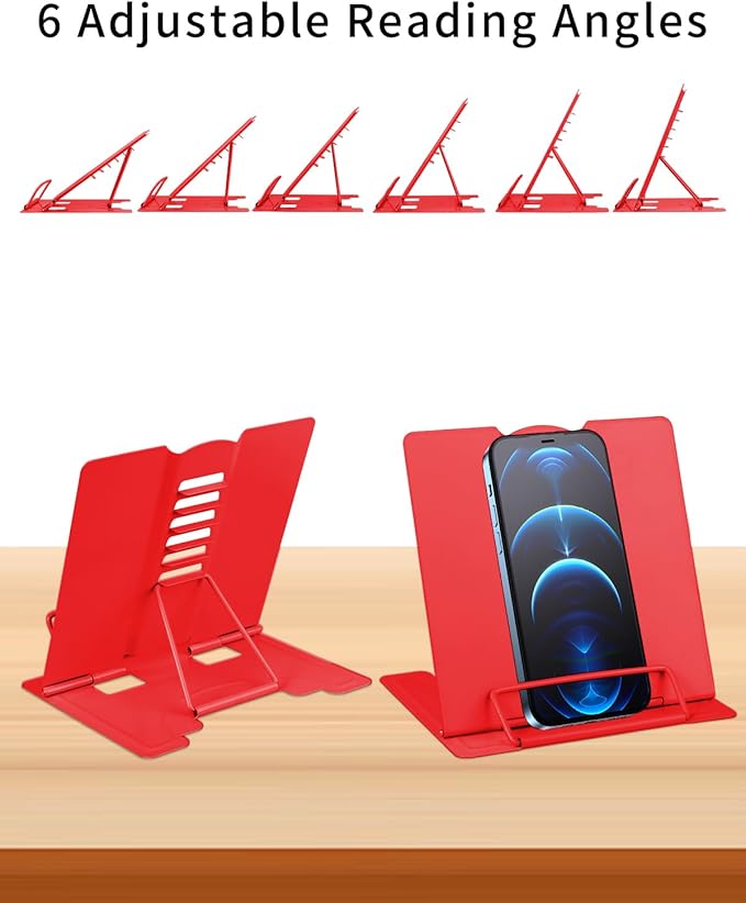 MSDADA Small Desk Book Stand Metal Reading Rest Book Holder Adjustable Cookbook Documents Holder Portable Sturdy Bookstands for Recipes Textbooks Tablet Music Books(Red)