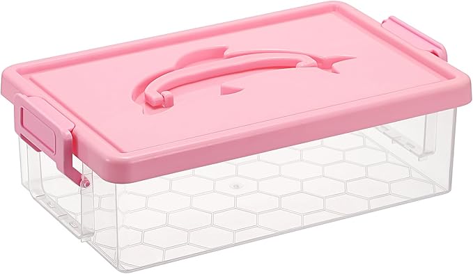 BTSKY 1-Pack Clear Plastic Storage Box with Lid, Stackable Organizer Featuring Easy-Lift Dolphin Design, Multi-Use Portable Container for Home, Craft, Office, Space-Saving with Secure-Clasp, Pink