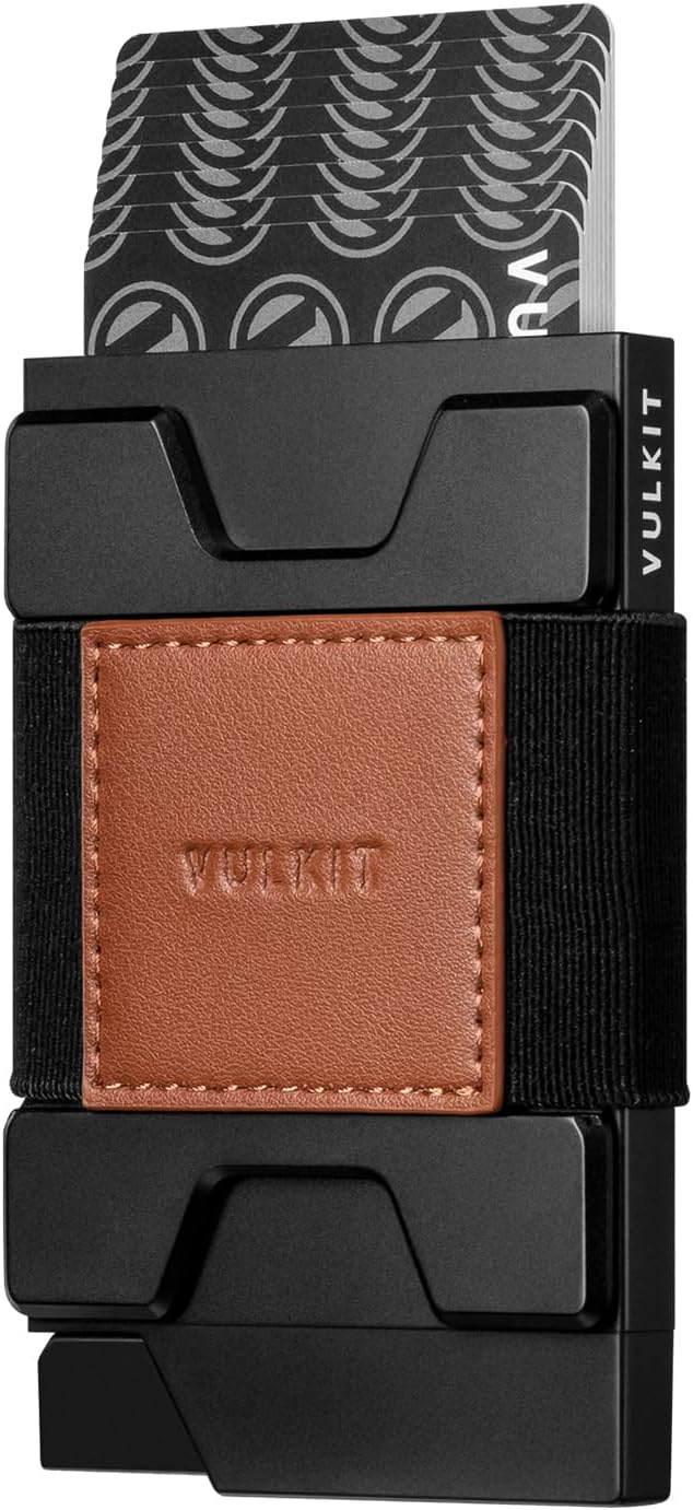 VULKIT Minimalist Pop Up Wallet RFID Blocking Aluminum Credit Card Holder with Expandable Backplate, Holds 12 Cards and Cash for Men and Women Brown