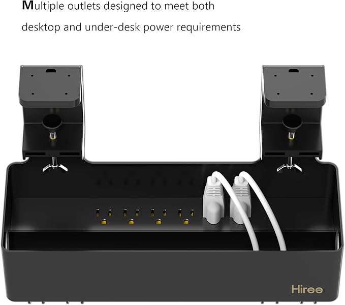 Hiree Under Desk Cable Management Tray with 6 AC Power Outlet and Clamp Mount, No Drill Cord Storage Organizers for Wire Management, Standing Desk, Computer Cord Rack for Office & Home (Black)