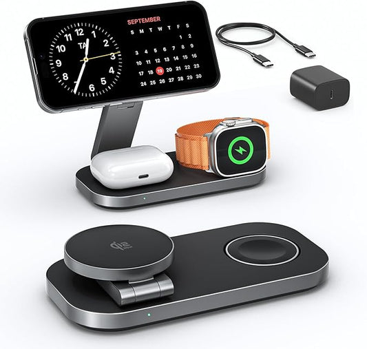 3-in-1 Charging Station for Apple Device, Qi2 25W Certified Magnetic Wireless Foldable Fast Charger Stand Compatible with MagSafe for iPhone 17e/17/16/15/14/13/12/Air Series, Apple Watch & AirPods