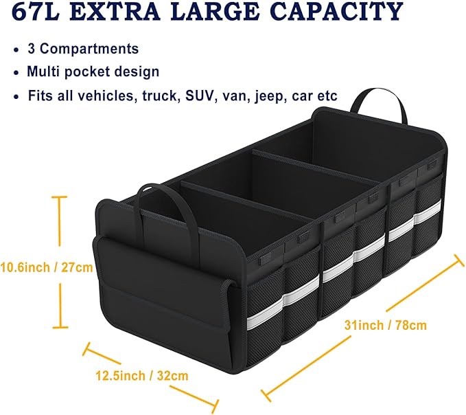 Trunk Organizer for SUV, Large trunk organizer for car, Collapsible Multi-Compartment Car Trunk Organizer, Sturdy Cargo Trunk Storage Organizer, Non Slip Bottom