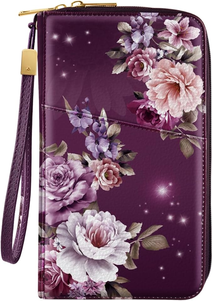 Family Passport Holder Wallet RFID Blocking Document Organizer PU Leather Mulit-purpose Travel Wallet Credit Cards Case for Women Men,Purple Flowers