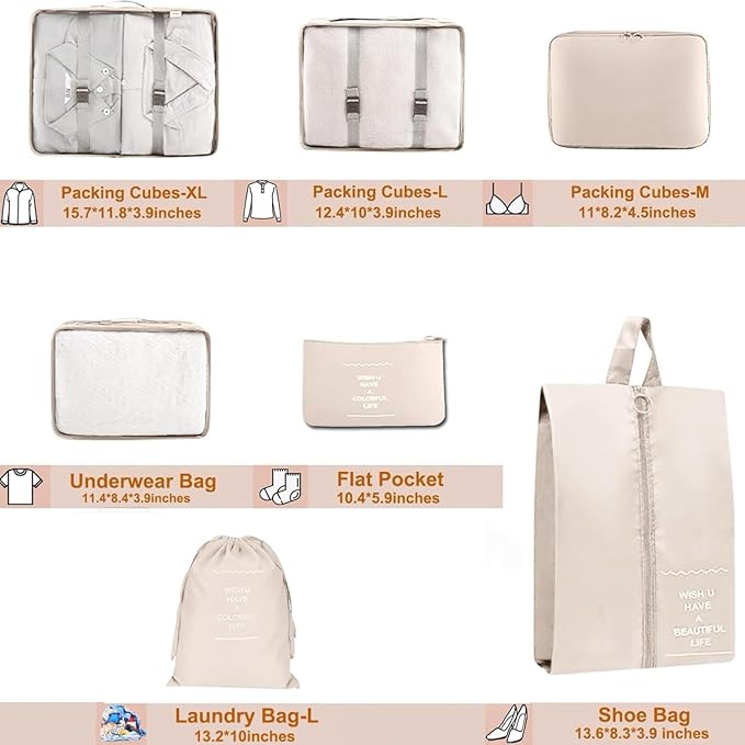 Packing Cubes for Travel - 7 Set Luggage Organizer Bags for Family, Mesh Breathable Travel Packing Cubes for Suitcases Durable Essentials Bags Set with Large Toiletries Bag(Beige)