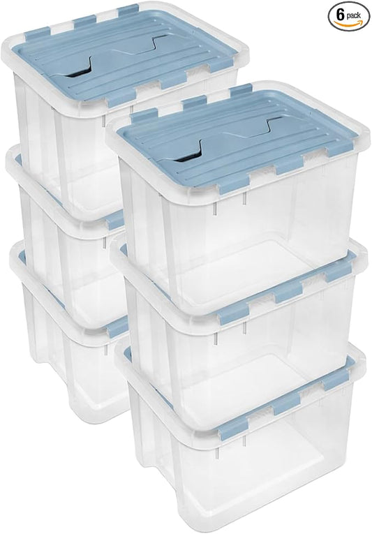 Sterilite 6 Pack Hinged Lid Storage Box, 30 Qt Plastic Container, Washed Blue - Home Organizer Tote for Storing Shoes, Crafts, Clothing, or Decor