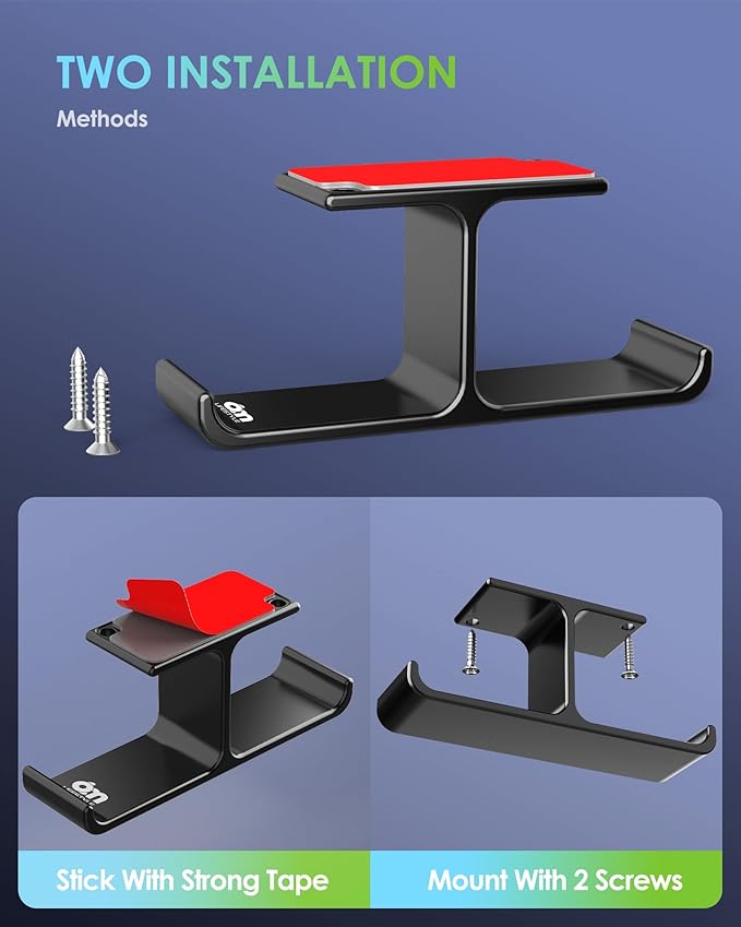All Aluminum Headphone Stand Under Desk, Dual Headset Holder Hanger with Industrial-Strength Adhesive & Screw Mount, Gaming Desk Accessories, Under Table Earphone Hook for PC Headsets, Bags, Black