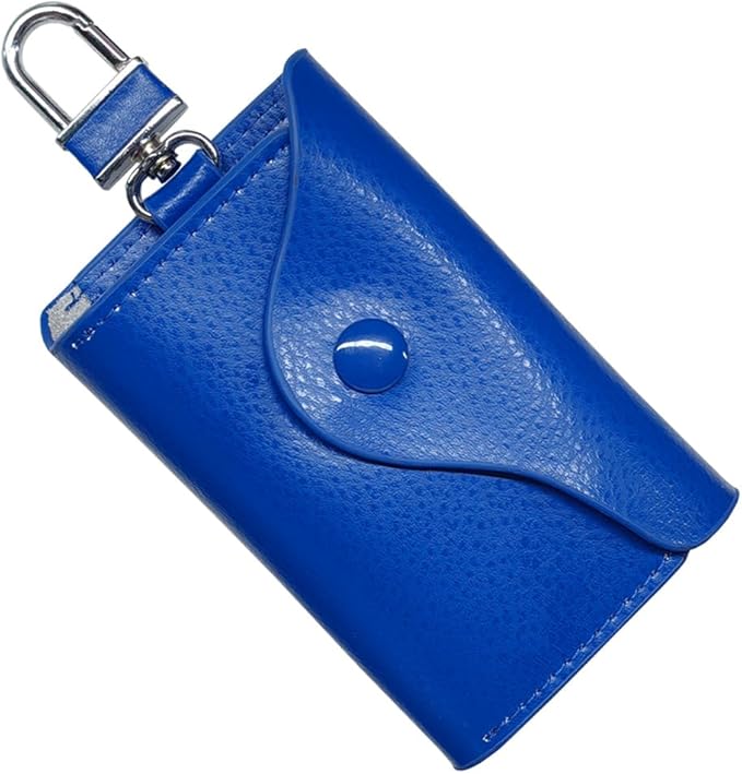 Leather Car Key Case Holder, Remote Key Fob Case with Keychain & Snap Closure – Universal Smart Keys Pouch for Men Women, Coin Holder Protection Bag with Metal Hook (Blue)